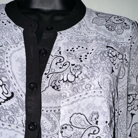 Black & Gray Mesh See Through Button Down Blouse with Paisley Pattern - Picture 3 of 8